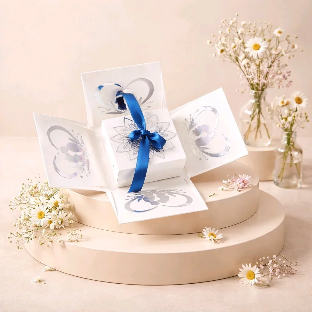 Explosion favour box!
Elevate your wedding with these unique explosion favour boxes. 
Includes a hidden box inside for added surprise. silver flowers & a bow adorn the lids for an elegant touch. Silver bridal accents are attached to the inside of the