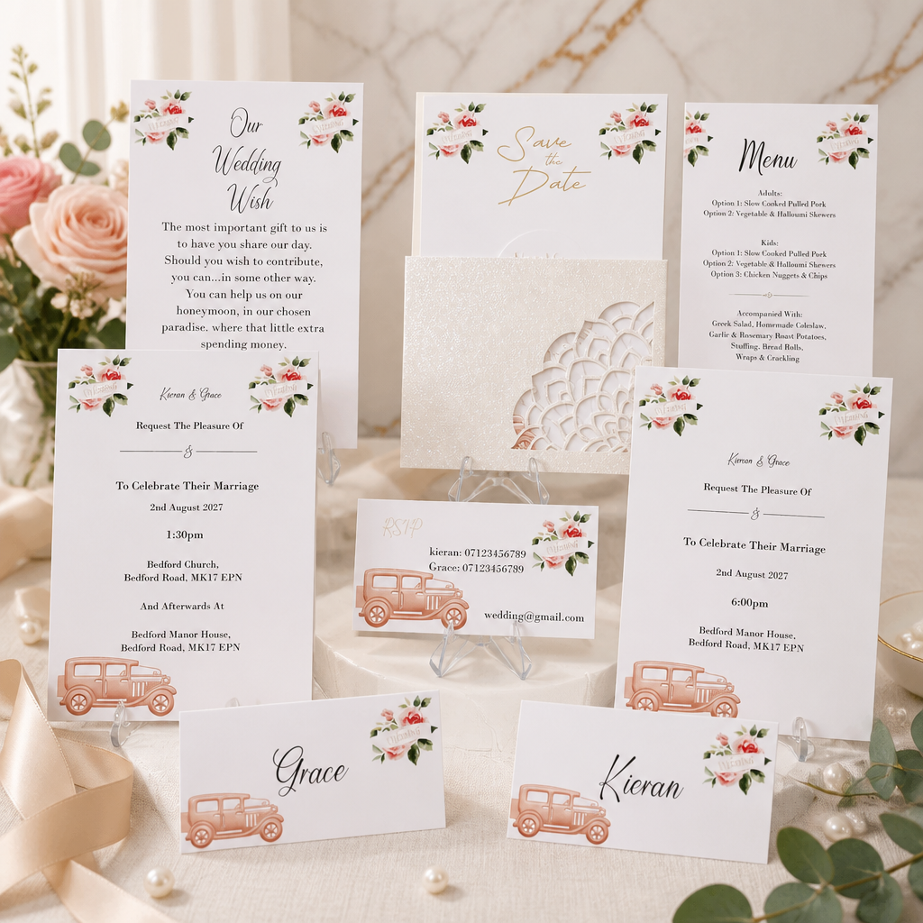 Inside is an insert pouch to hold all of your important wedding information. These really are a popular choice for the happy couple. This Stationary comes with or without the car on the crafted carrier card. 
What's included! Crafted card, Save the d