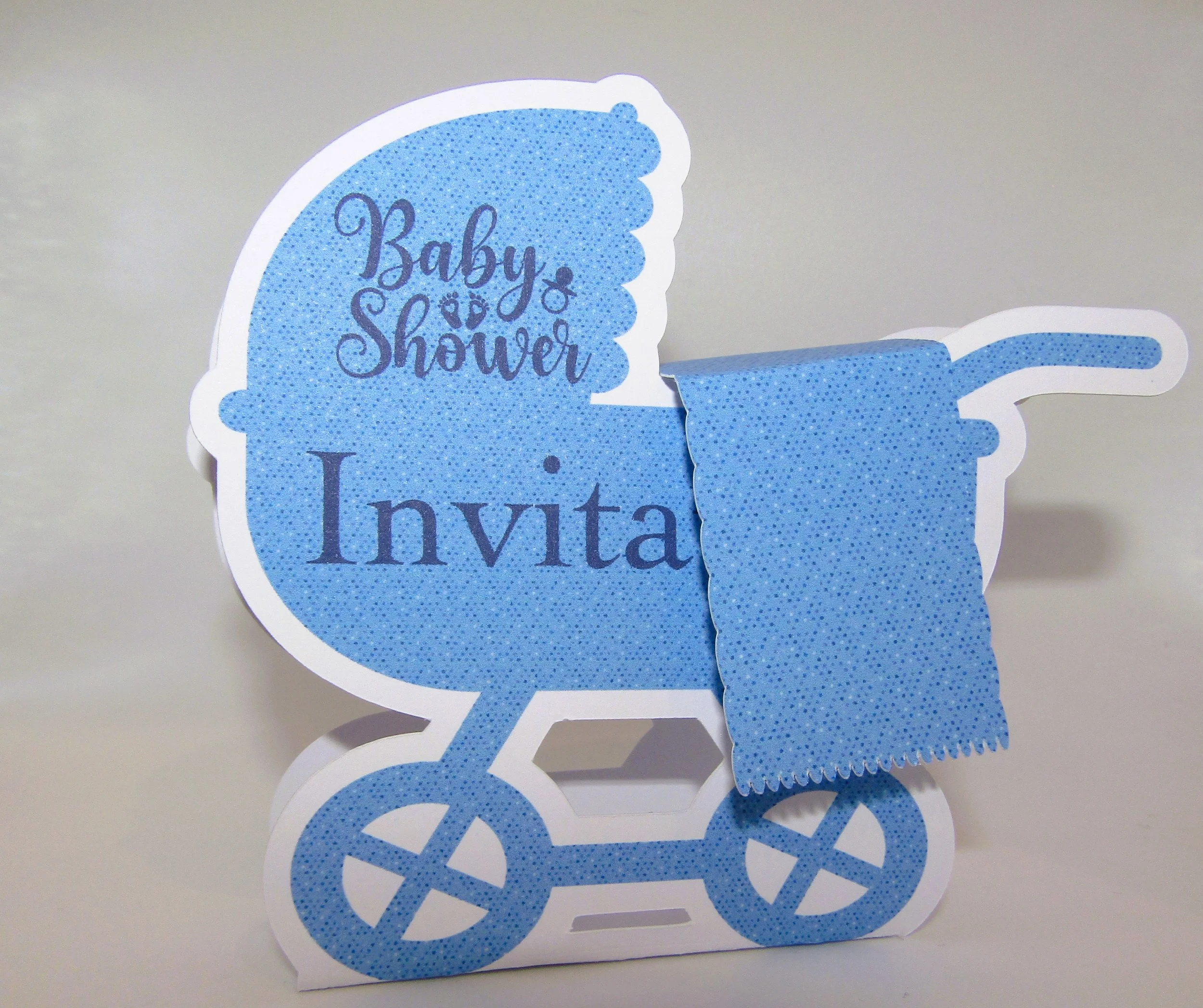 Baby Shower Invitation — Pram Shape with Blanket!
Invitation cut in the shape of a classic pram.
 #00208
