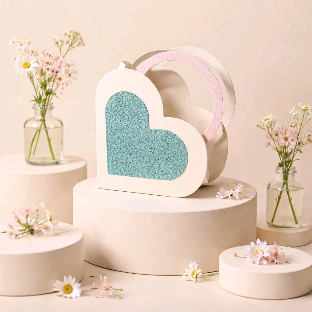Heart box with handles!
Crafted from a beautiful white glitter card.

This box sparkles like the love you share & that blue glitter heart on the front is like a little piece of your love story, right there for your guests to take home. A stunning lit
