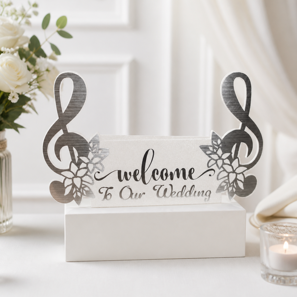 Musical notes favour box!
crafted from exquisite white glitter card, this box truly is stunning. the musical notes extend off the sides of the box & are finished in a gorgeous silver metallic vinyl. #00165