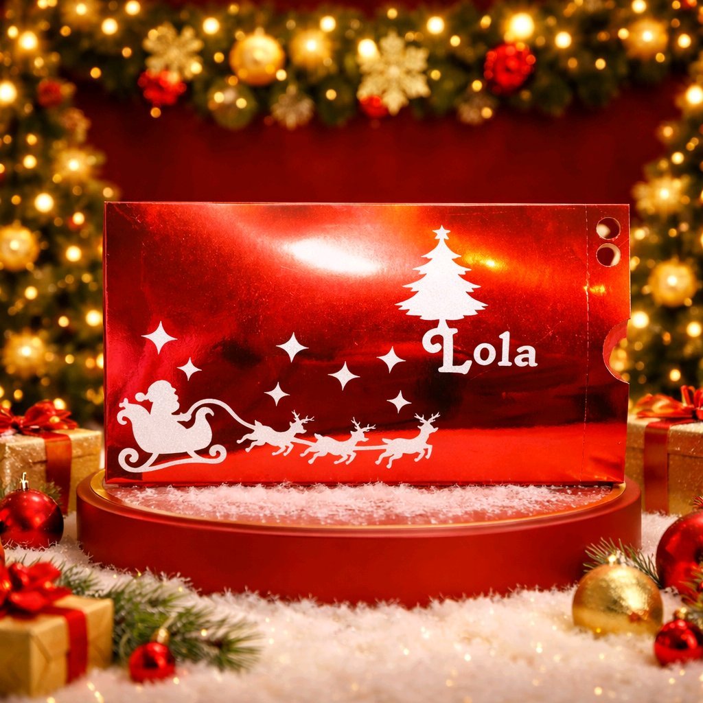 Personalised Santa Envelope Red! These envelopes are cut in red holographic card. The front has a silver vinyl Santa motif with personalised child's name. They are designed to fit those very important letters from Santa. Perforated end that simply te