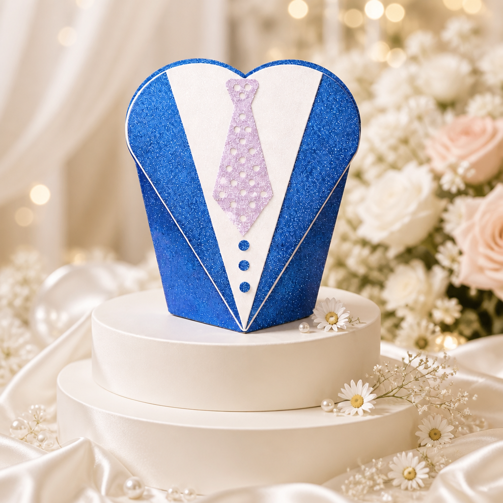 Large Tuxedo Favour Box!
Crafted with a stunning blue  card & cut into a tuxedo design, 

This will certainly bring a unique flair to your wedding day. Perfect for small chocolates. (Chocolates Not Included)  Simply squeeze the sides & pop in your sw