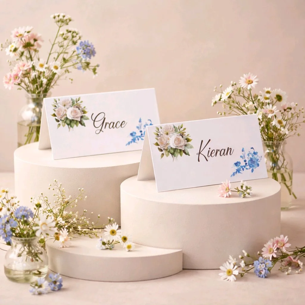 White Rose & Blue Floral Place Card!
Printed on white card. #0092