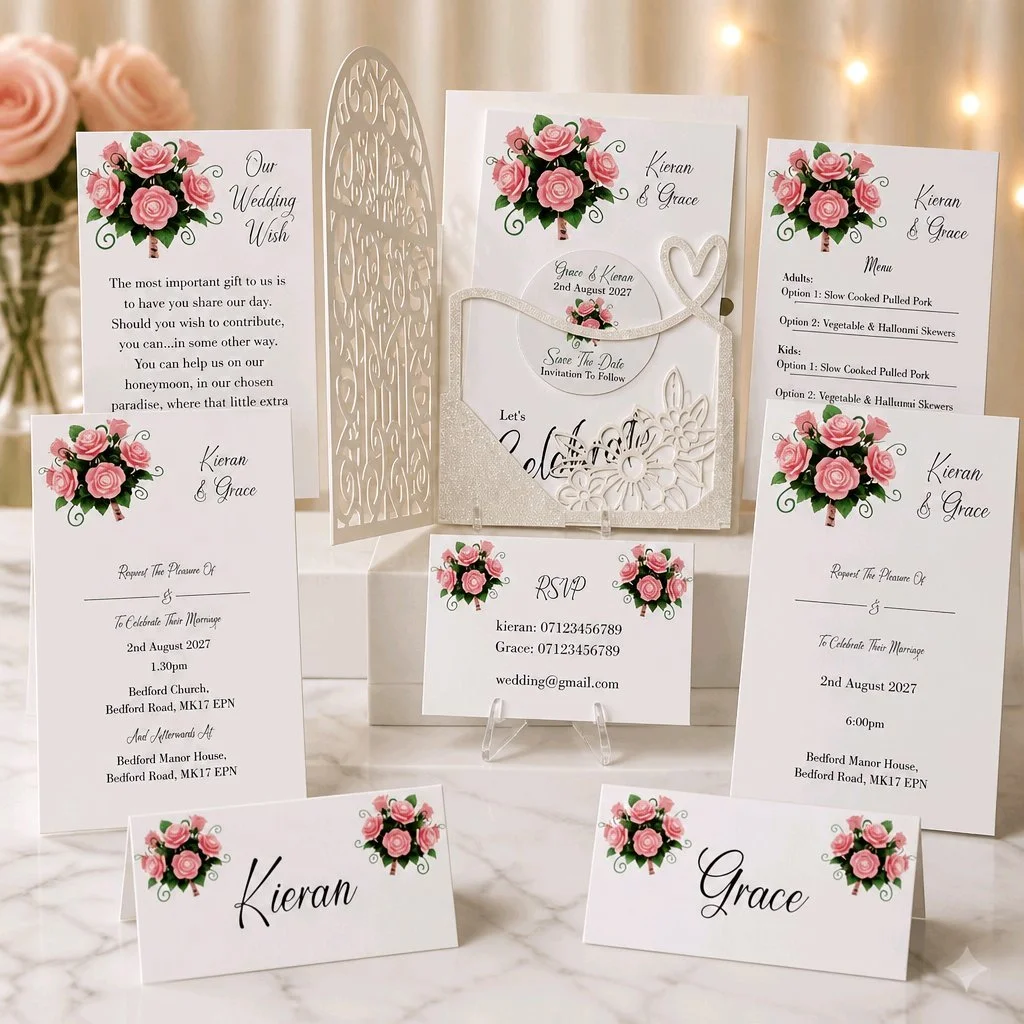 What's included! Crafted carrier card, Save the date with aluminium disc plus magnet for fridge attachment, Daytime & evening invitations, wedding wish card, menu option card, rsvp & two place cards.