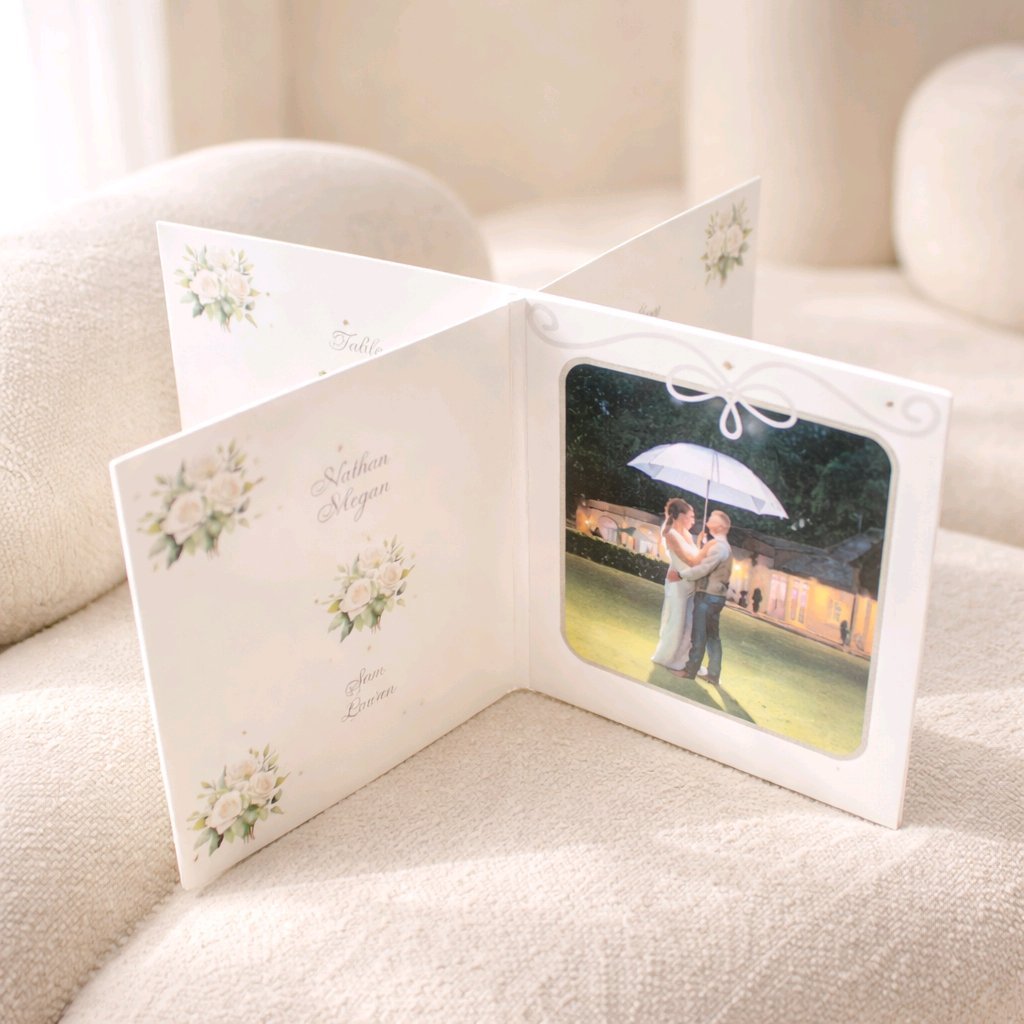 Four panel photo table number!

Featuring four panels this table decoration is the perfect way to organise your guests. The panels contain a photo of the happy couple, guests names, table number & a fourth panel for perhaps adding a touch of fun to y