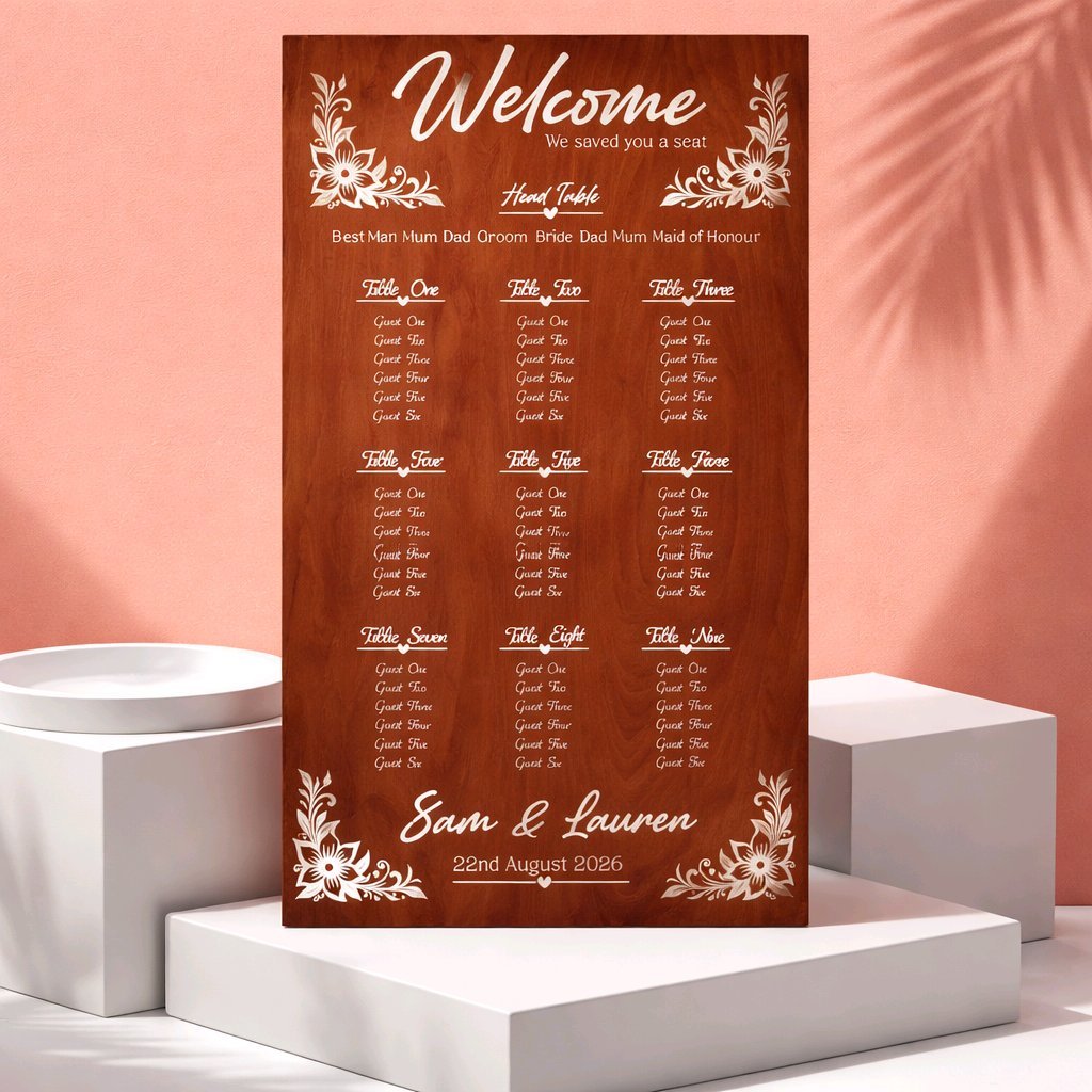 Seating Plan On Teak background, the board can potentially hold the information of 12 tables with 6 guests per table. The information is all cut on a silver vinyl ensuring it glistens in the sunlight. Other colours can be requested. Photos really don