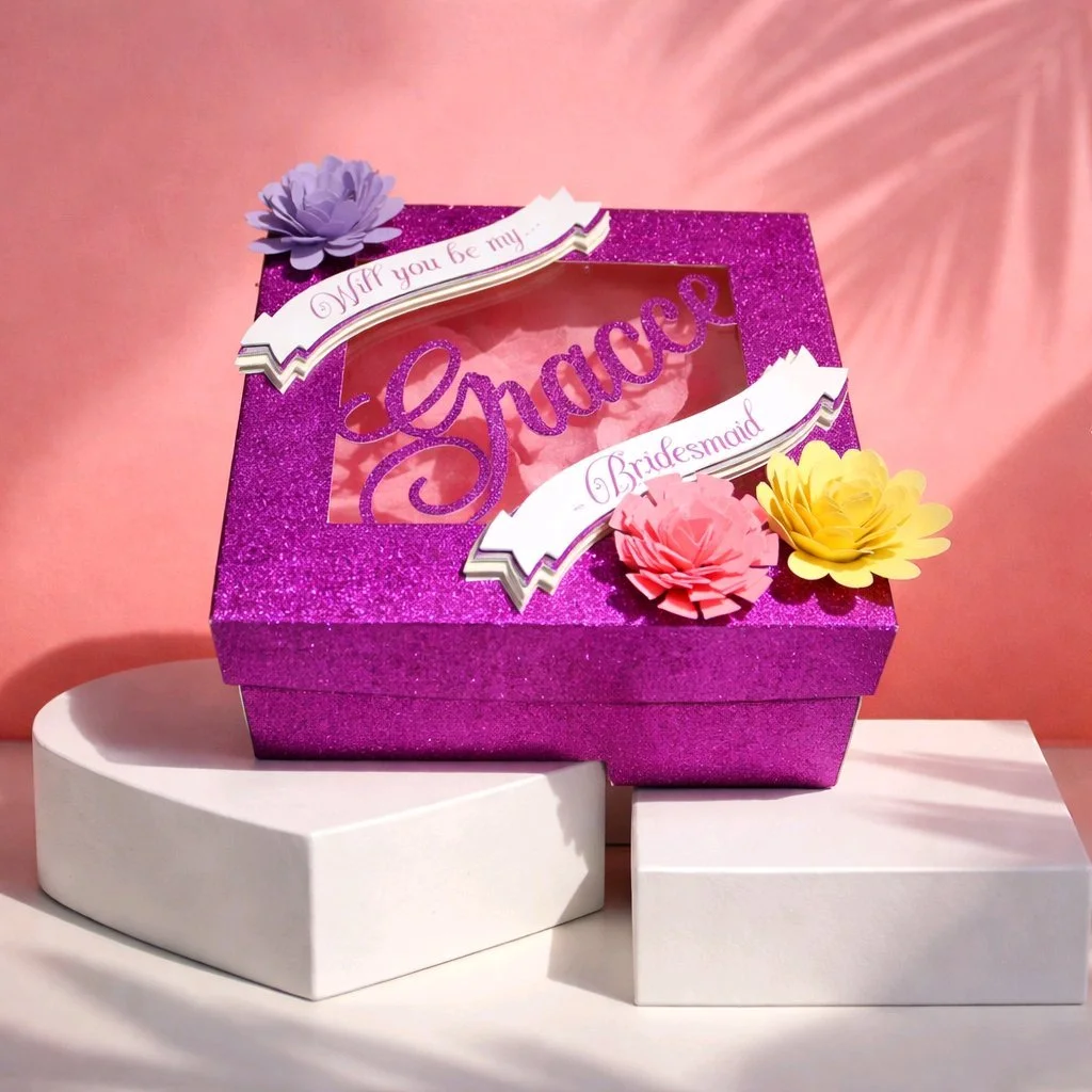 The perfect gift box! Ask your best friend/family member to be your bridesmaid or maid of honour with one of these cute gift boxes. The boxes have their names intricately cut on to the lid. In addition there is also a flower that is cut out of glitte