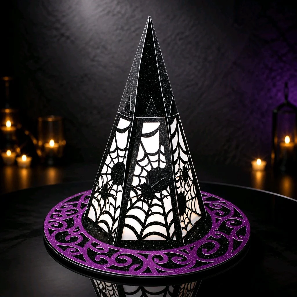 Halloween Hat Lantern With LED Lights Inside (Purple)!
A bewitching centrepiece for Halloween or themed décor, this witches’ hat lantern is cut entirely from sturdy card and finished with haunted detailing for a spookily elegant look.
Designed to hol