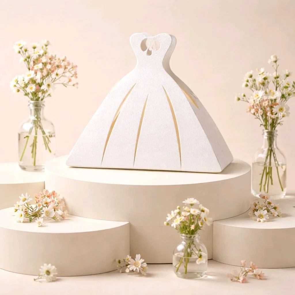 
This box has been exquisitely designed & cut into the shape of a stunning wedding dress. It's a charming edition to your wedding celebrations. The box combines functionality with glamour & will make a beautiful gift for your guests. #00162