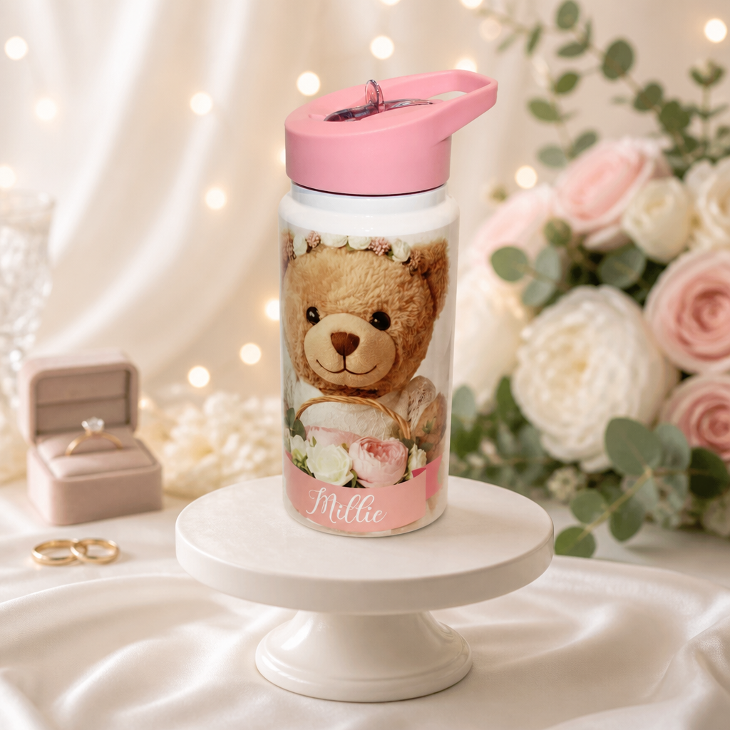 Flower Girl Water Bottle!
Personalized water bottle featuring a sweet message from the bride and groom and a printed image of a flower girl teddy.  #00207