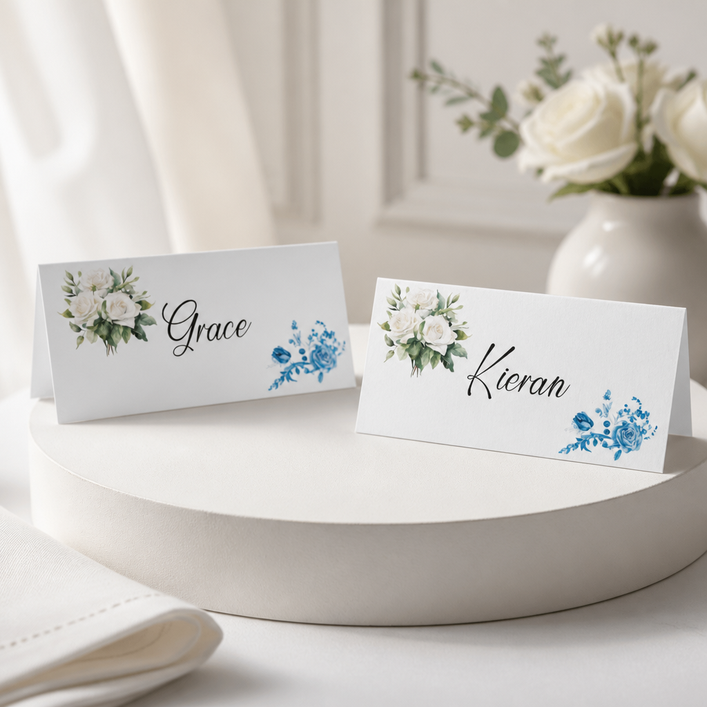 White Rose & Blue Floral Place Card!
Printed on white card. #0092