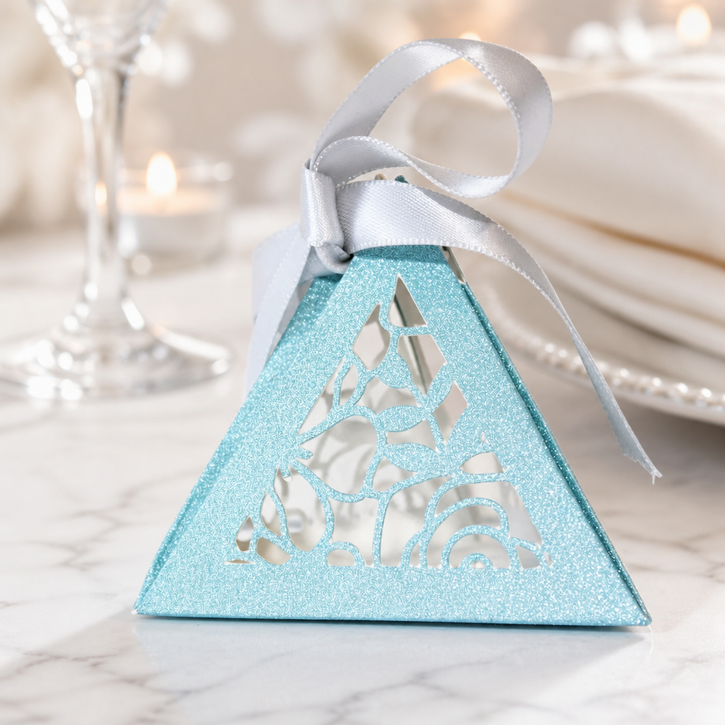 Pyramid favour box!
With a simple yet stylish design these little pyramid boxes will hold your sweet treats. (Chocolates Not Included) Beautifully cut & finished with a gorgeous silk ribbon. #00167