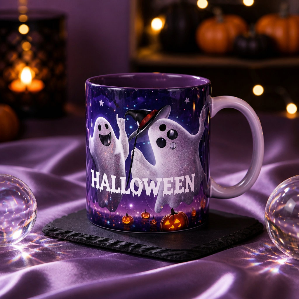 The 12oz mugs have been printed with AI generated images allowing for stunning spooky graphics to be pressed onto the mug. The mugs can be filled with sweet treats for that perfect gift. Dishwasher safe.