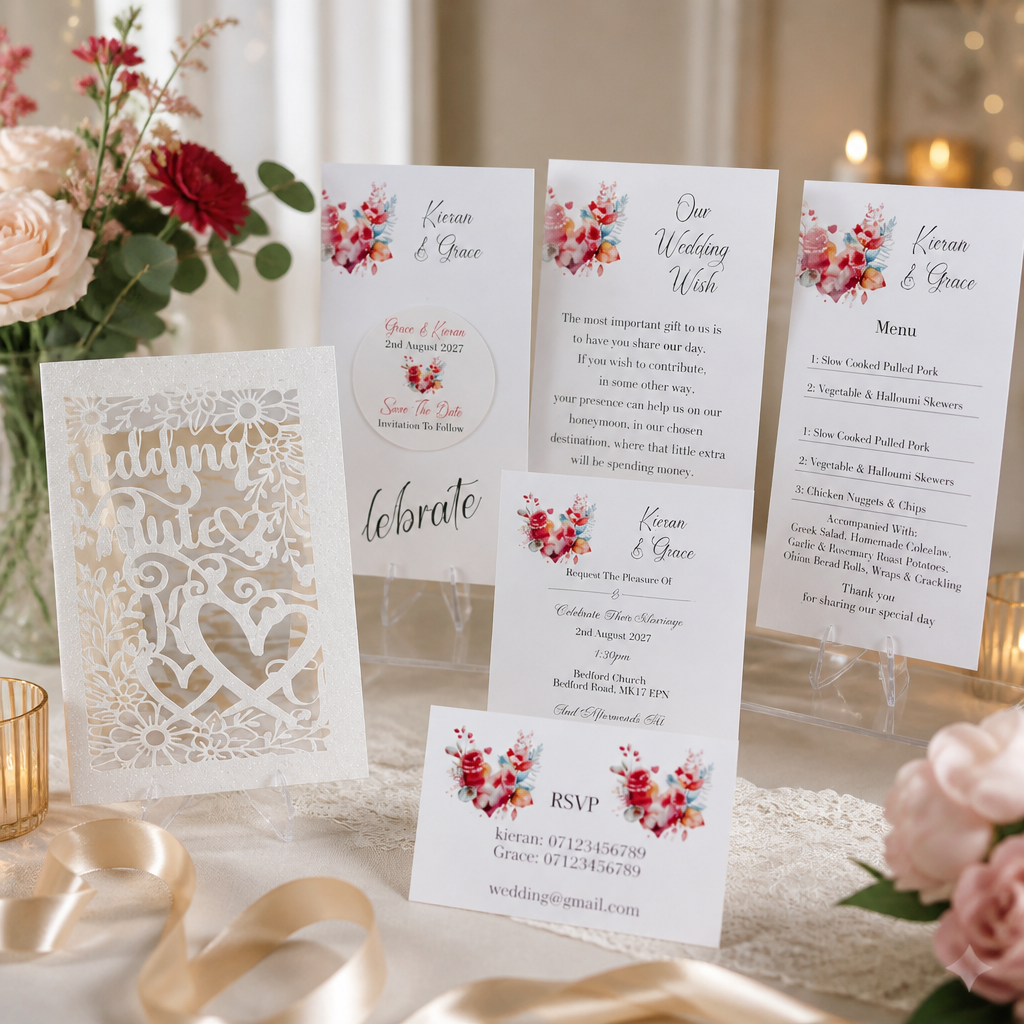 Intricately Cut Wedding Stationary Package!
Beautifully crafted with wedding invite gently crafted into the design. A delicate but stunning design. Perfect to start your journey. Plus a stunning insert pouch that cradles all of your details. The inse