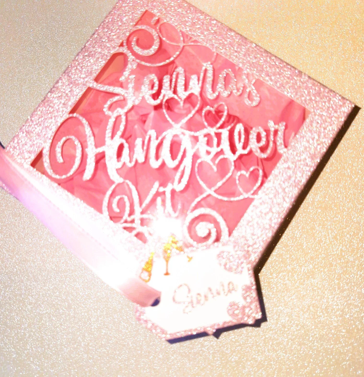 Personalised Boxes! 
Each box is made from sturdy smooth glitter card for a sparkling finish that catches the light. The lid features precision-cut lettering, creating a delicate cut-out effect that reveals a contrasting inner layer for subtle depth 