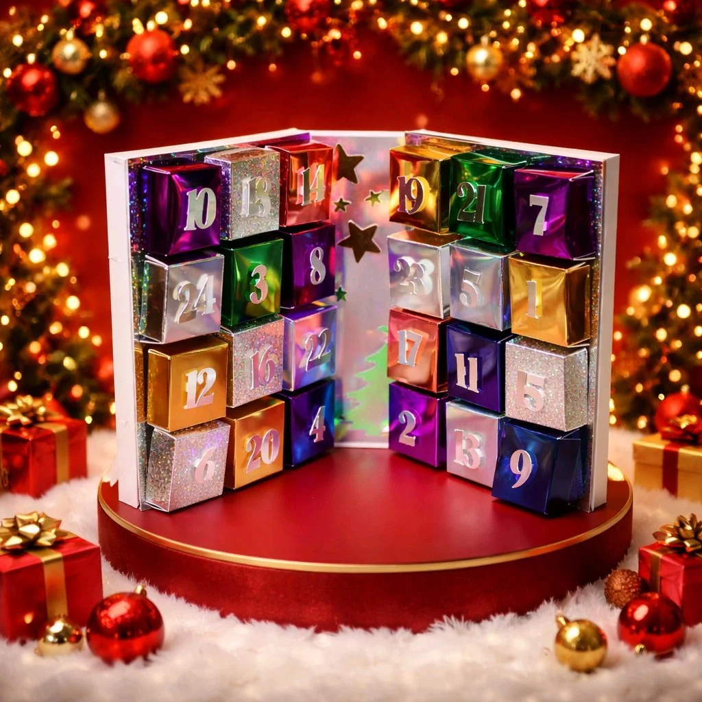 Festive Advent Calendars! 
The Advent calendar is made from holographic card. Each of the 24 boxes inside the calendar is secured to the main carrier with Velcro, so they can be removed and reattached easily. The boxes are generous in size, suitable 