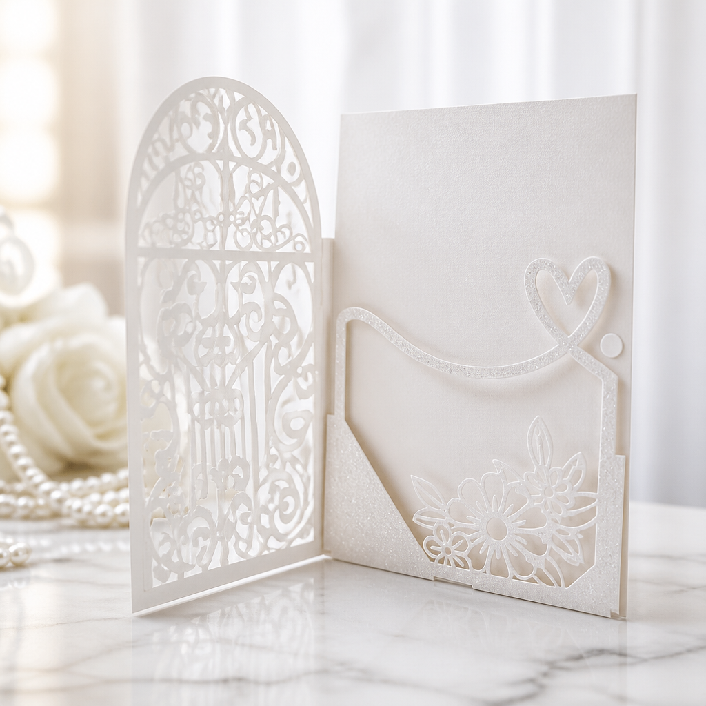 The inserts have been beautifully printed with a pink floral bouquet & finished with a stunning border to compliment the inserts. When the recipient opens their invitation they will find a stunning insert pouch that cradles all of your details. #005