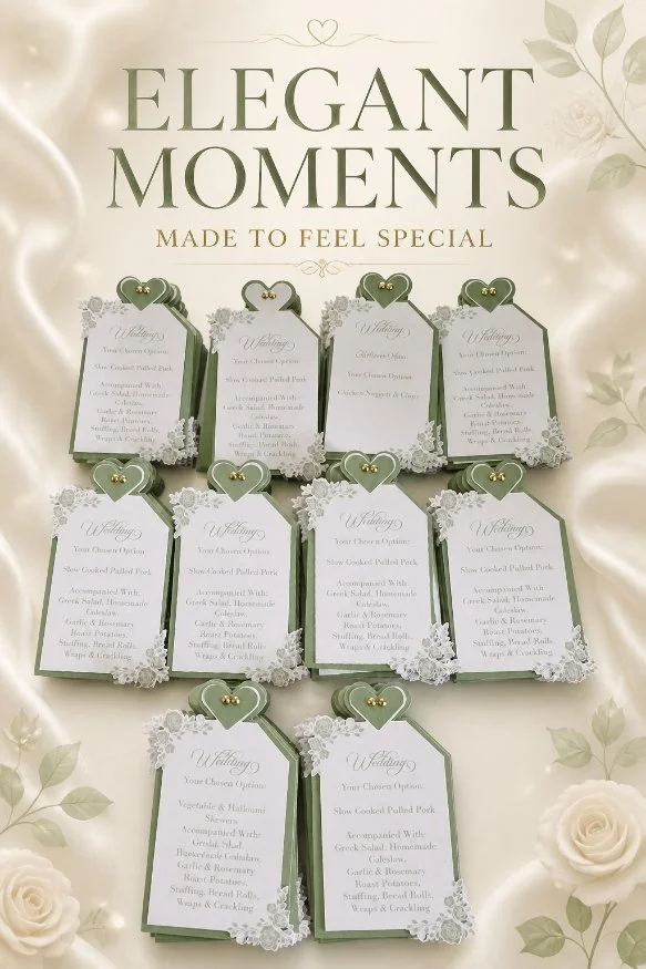 The white card features intricately cut rose motifs that flow delicately from the corners, creating a frame-like effect that draws the eye inward to the menu text. The cut roses are detailed and dimensional, providing subtle shadows and texture again