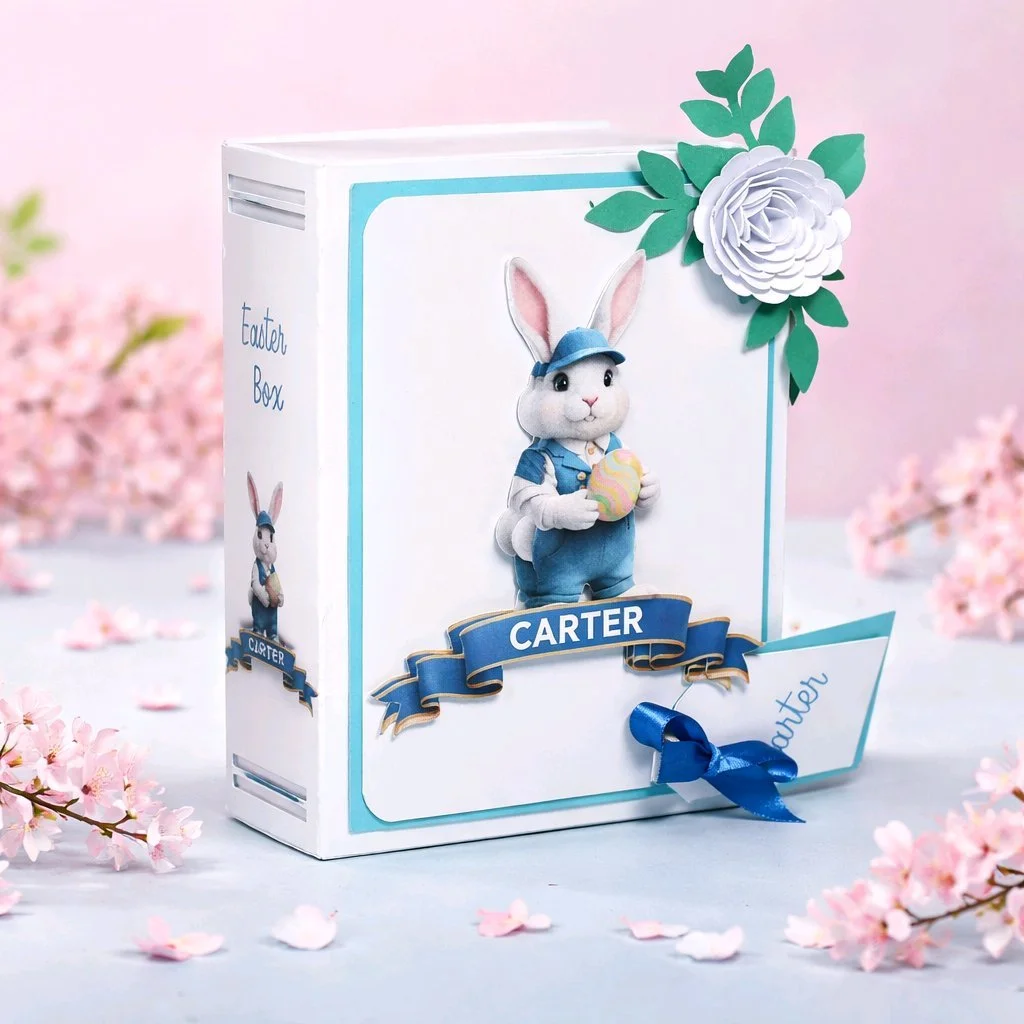 Easter Gift Box For Him! (Blue).
Easter gift box shaped like a book, handcrafted with care and charming details. The cover features an AI-generated bunny illustration, precision-cut and layered for a dimensional look. Delicate paper flowers cluster i