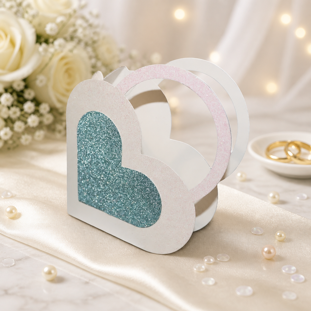 Heart box with handles!
Crafted from a beautiful white glitter card.

This box sparkles like the love you share & that blue glitter heart on the front is like a little piece of your love story, right there for your guests to take home. A stunning lit