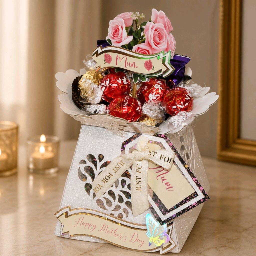 Cut from premium white glitter card for a soft, elegant sparkle, complemented by holographic card accents that add a subtle, eye-catching sheen. 
Includes a matching banner attached across the vase rim with “Happy Mothers Day” 
Designed to sit beauti