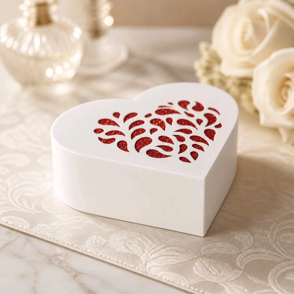 Heart Shaped Favour Box!
This favour box features a intricate heart cut on to the box making these a truly unique piece. A stunning box cut with white/red glitter card. #00151