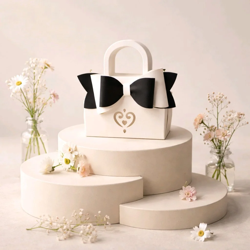 Favour handbag with bow!
Designed with the focus of a prominent bow on the front & a gorgeous heart or floral design cut underneath. These really are adorable little favour handbags.

The images above show the bow size & placement ensuring a visually