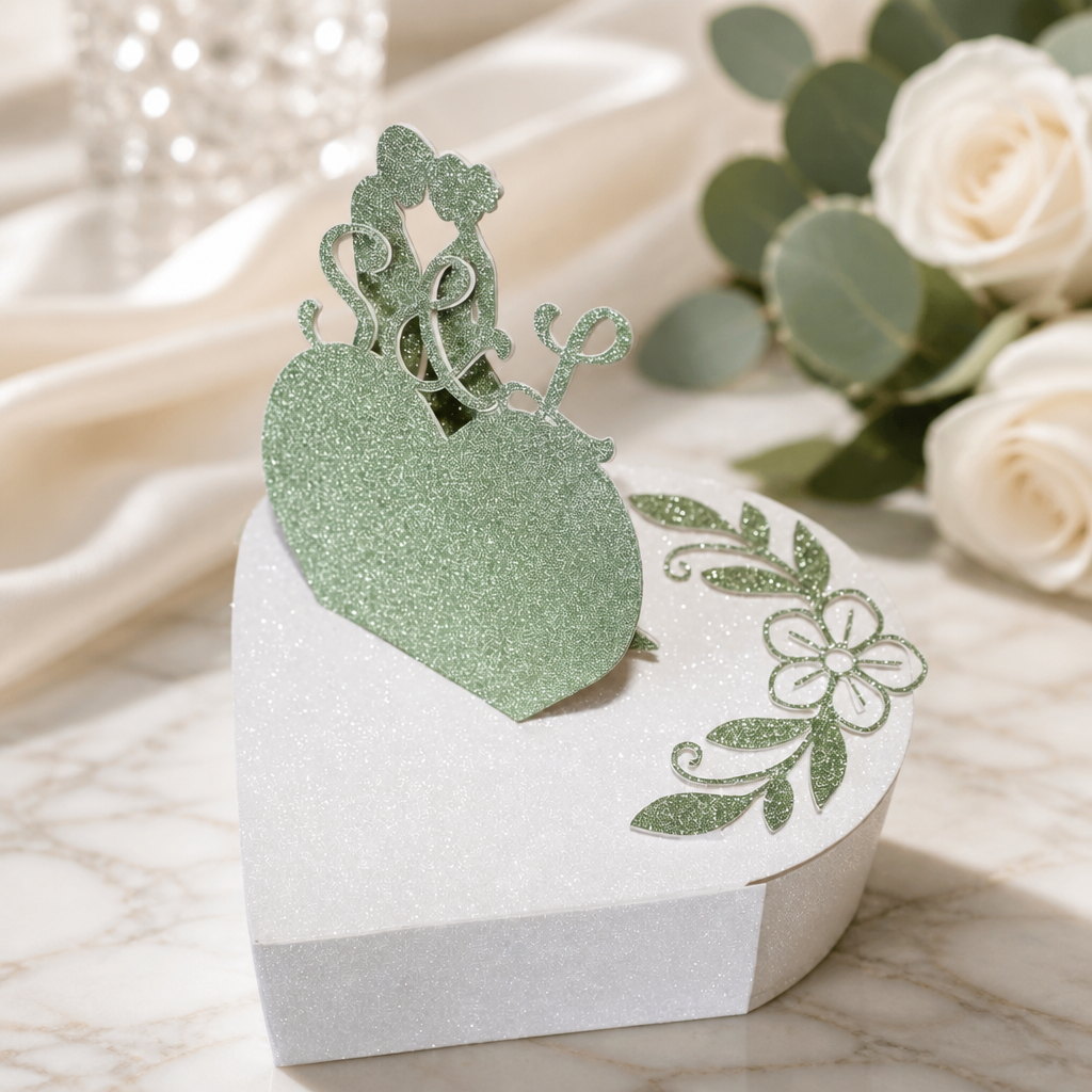Heart shaped box with bride & groom plus heart with initials! Also Available In Sage Green!