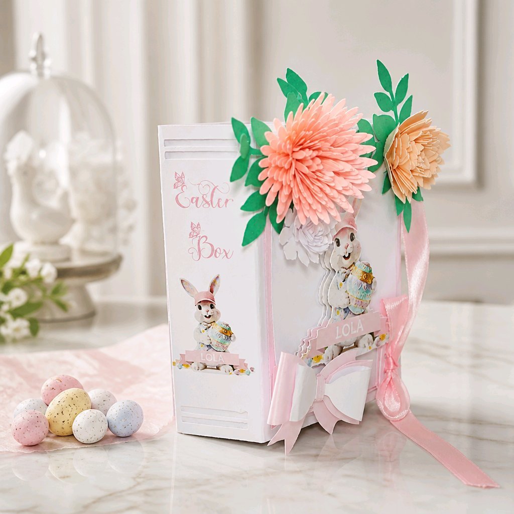 Easter Gift Box For Her! (pink)
Easter gift box shaped like a book, handcrafted with care and charming details. The cover features an AI-generated bunny illustration, precision-cut and layered for a dimensional look. Delicate paper flowers cluster in