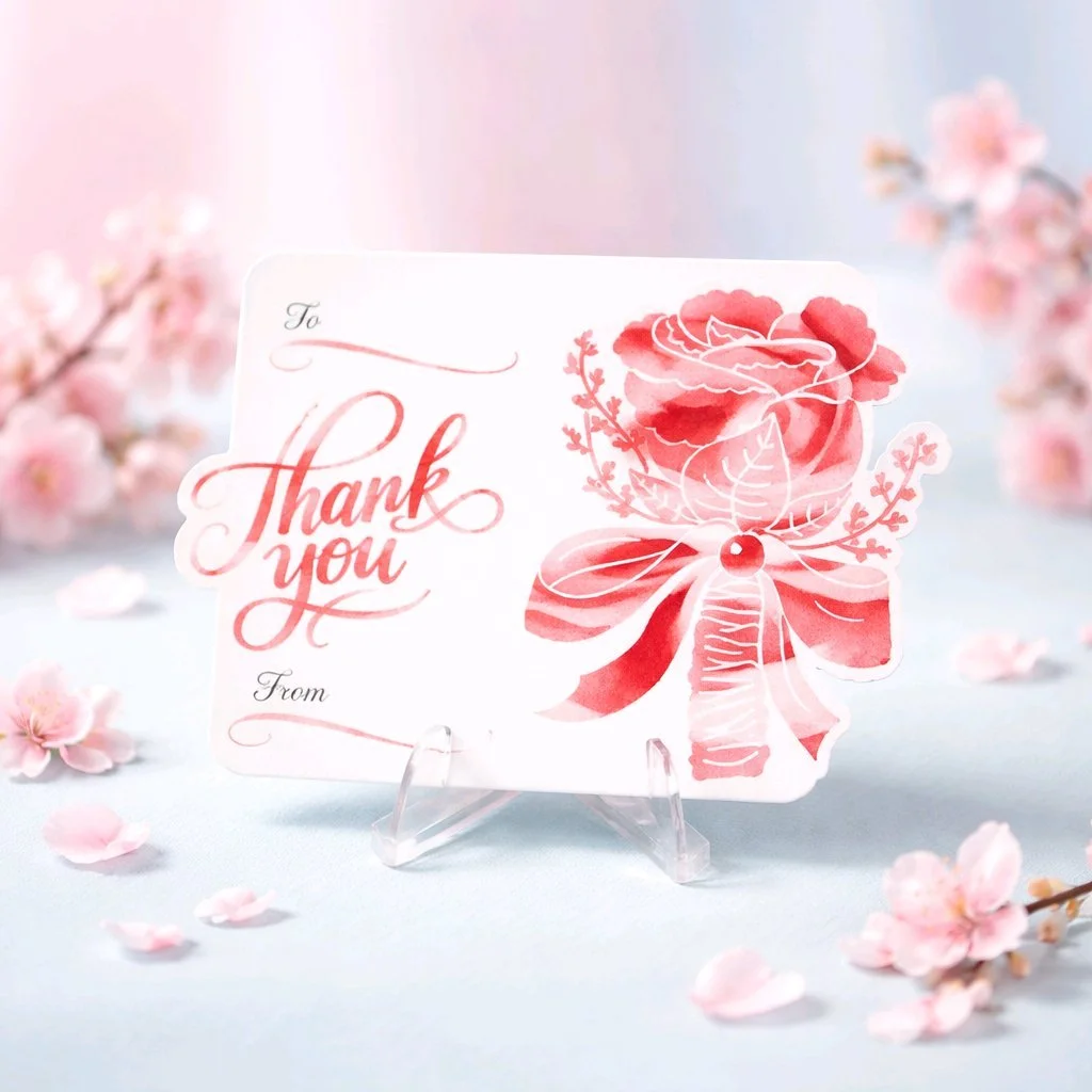 
Imagine beautifully printed roses that elegantly bleed onto the edge.

They are just perfect for capturing the essence of your special day.

Each card features thankyou that flows seamlessly from the design.

Trust me as a bride & groom you will wan