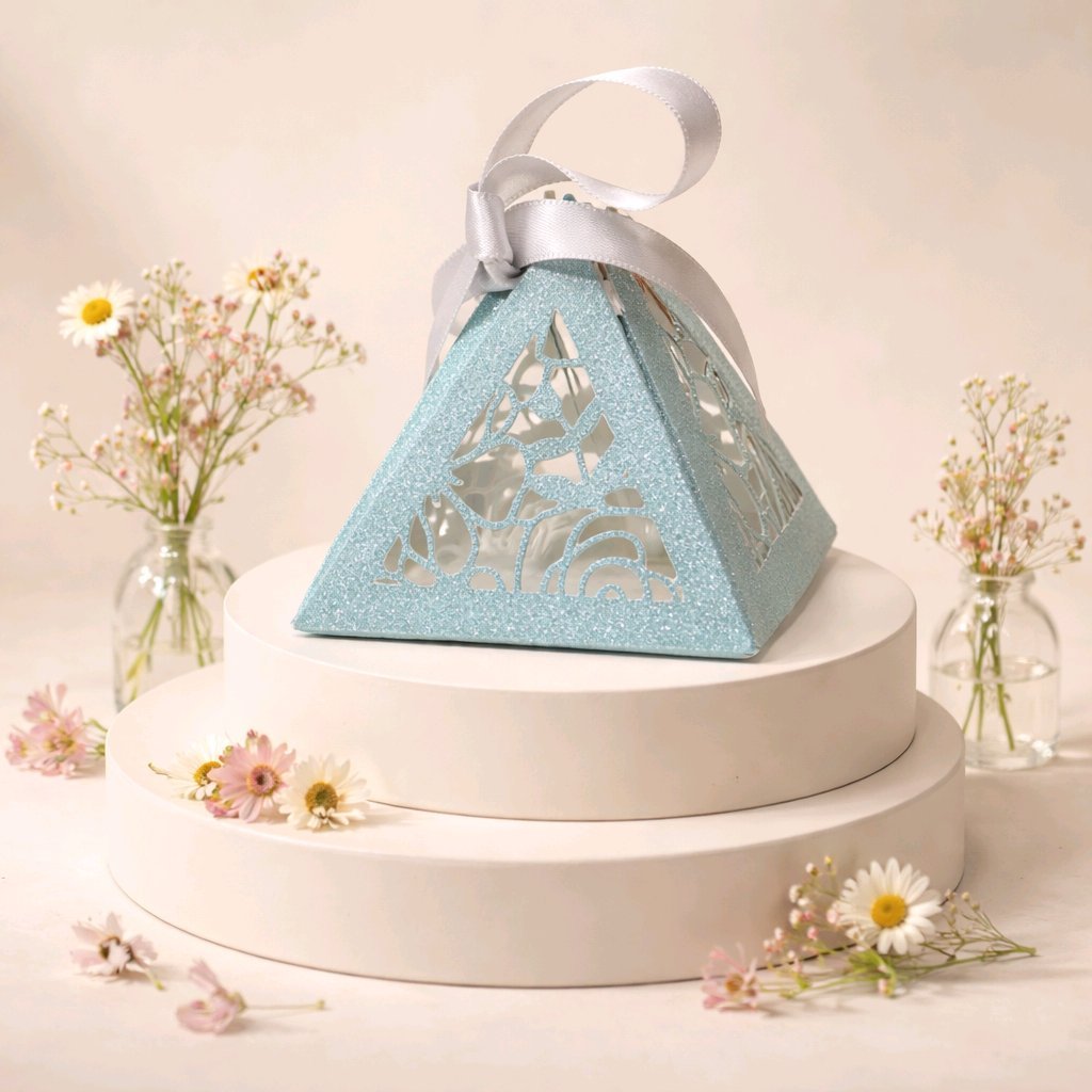 Pyramid favour box!
With a simple yet stylish design these little pyramid boxes will hold your sweet treats. (Chocolates Not Included) Beautifully cut & finished with a gorgeous silk ribbon. #00167