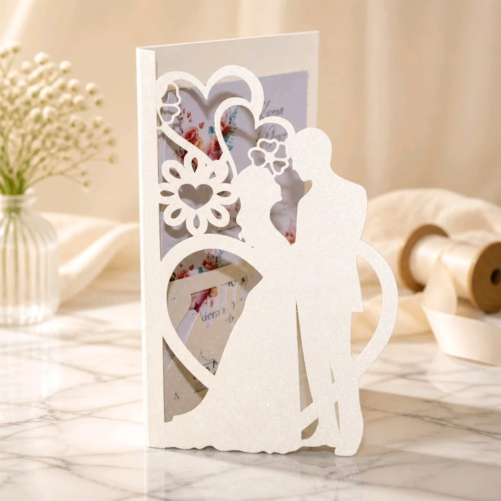 BRIDE & GROOM INVITATION PACKAGE! Introducing our exquisite invitation card with a intricately cut church to the front of the invitation. Adorned with shimmering white glitter and delicately cut hearts flowing off the church. #002