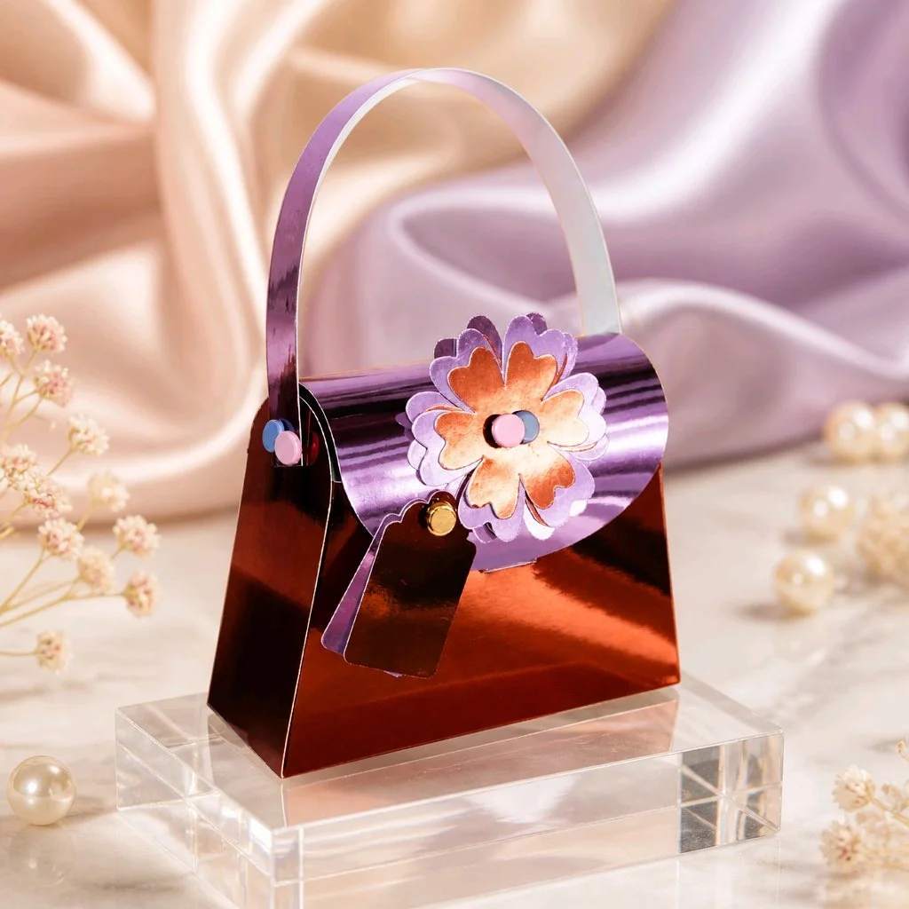 Personalised Gift Bag! 
Handbag gift box cut from sturdy holographic cardstock finished with a holographic flower on the front and an attached matching gift tag.  Perfect for small presents, jewellery or gift card inserts. #00602