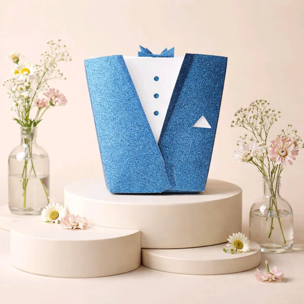 Tuxedo Favour Box!
Crafted with a stunning blue glitter card & cut into a tuxedo design. Perfect for small chocolates. (Chocolates Not Included)  This will certainly bring a unique flair to your wedding day. #00152