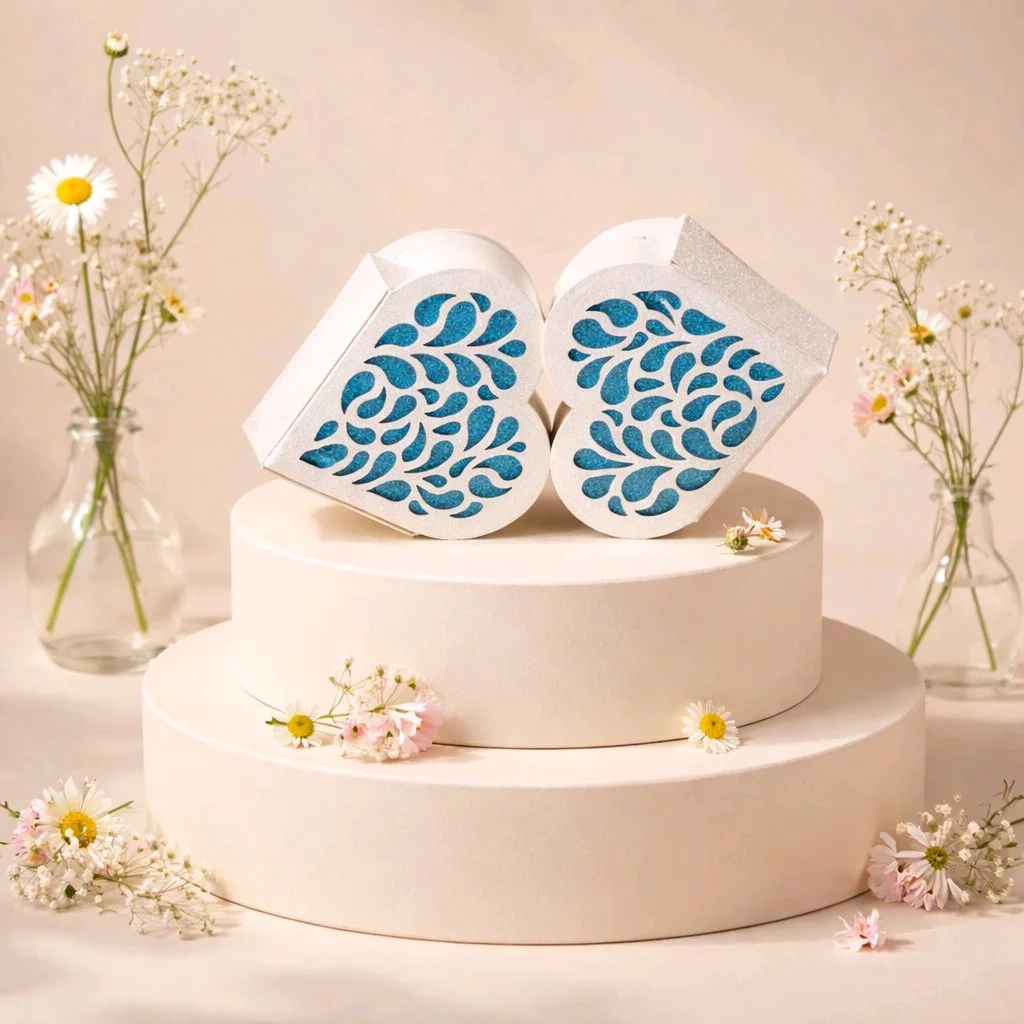 (NEW) Double Heart Shaped Favour Box!
This favour box features intricate hearts cut on to the boxes making these a truly unique piece. A Stunning double box cut with white/blue glitter card. #00173