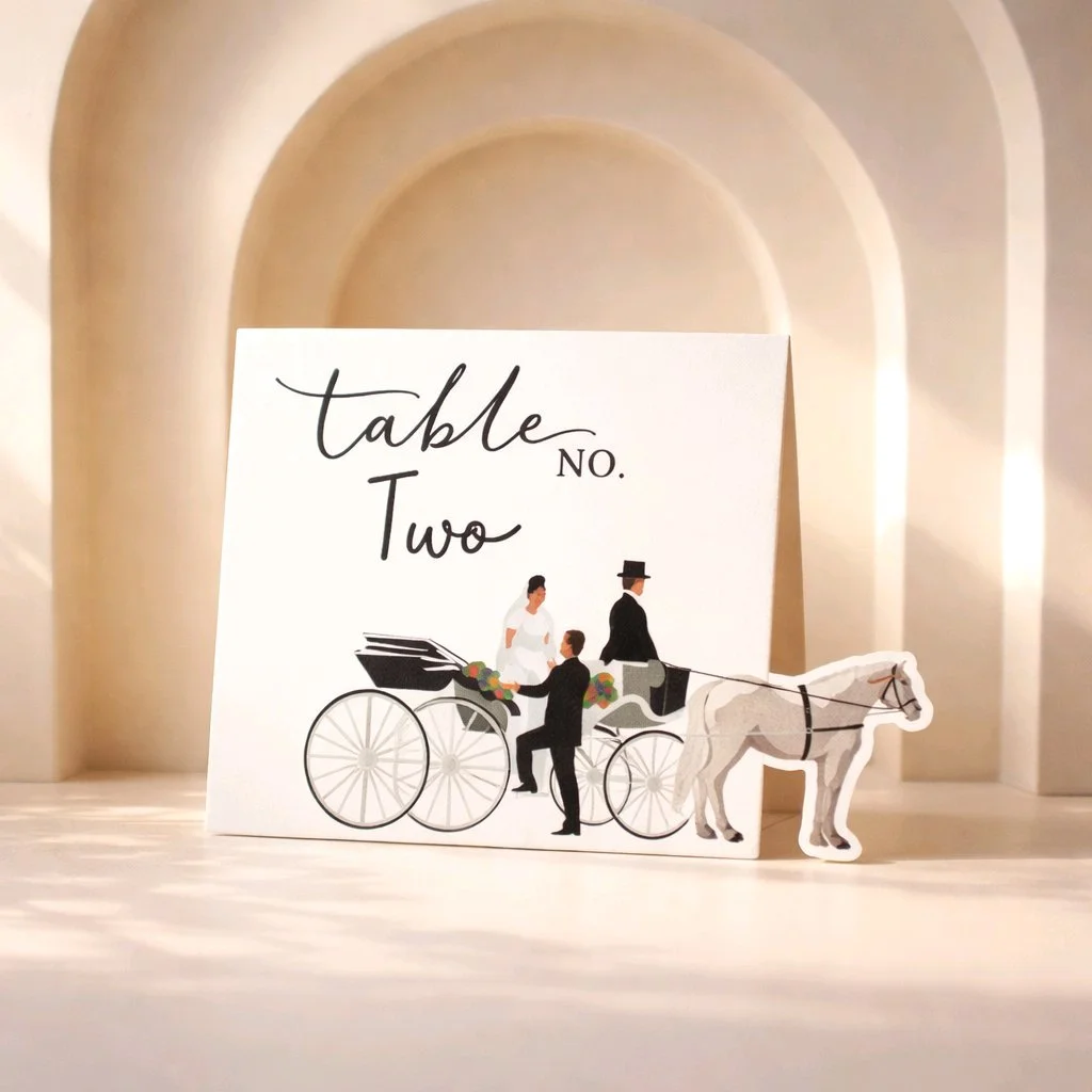Horse & carriage table number!

These aren’t just any cards, they feature a beautiful design that bleeds off the edge. A unique card that looks absolutely gorgeous on every table. The best part is they perfectly capture that whimsical romantic vibe t