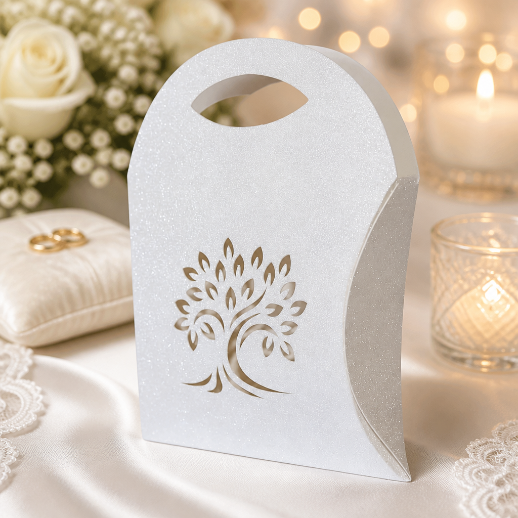 Roots of a family favour box!
An Absolutely beautiful favour box that is certainly an eye catching way of presenting your sweet treats to your wedding guests. Cut onto a shimmering white glitter card. these really are adorable. #00164