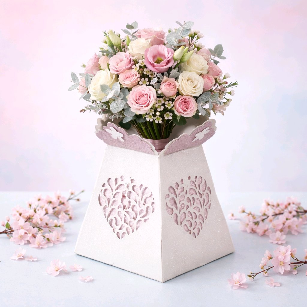 Sweet or Flower Vase (Flowers Not Included)
Featuring delicate intricate hearts adorning each side of the box. The hearts are precisely cut to create a lacy, romantic pattern that allows subtle light to pass through, enhancing the sparkle of the glit