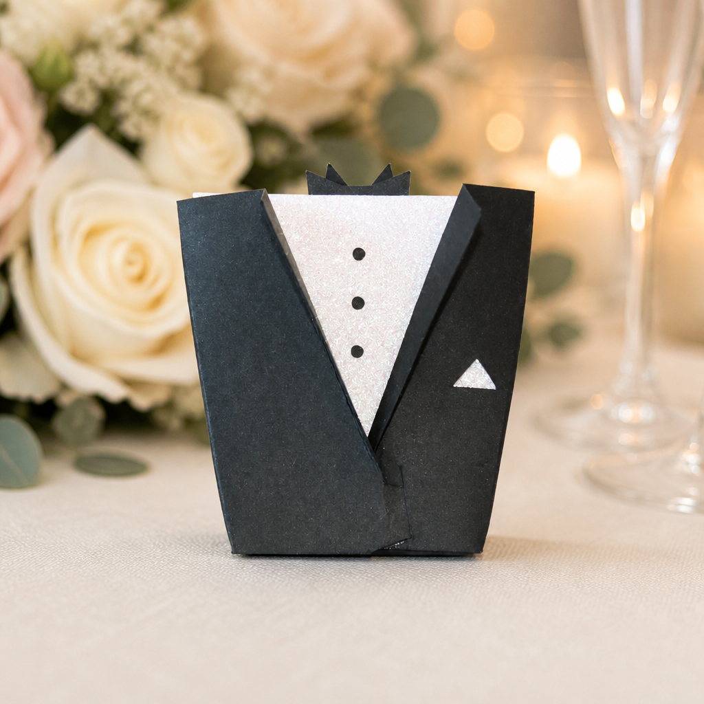 Tuxedo Favour Box!
Crafted with a stunning black card & cut into a tuxedo design. Perfect for small chocolates. This will certainly bring a unique flair to your wedding day. #00177
