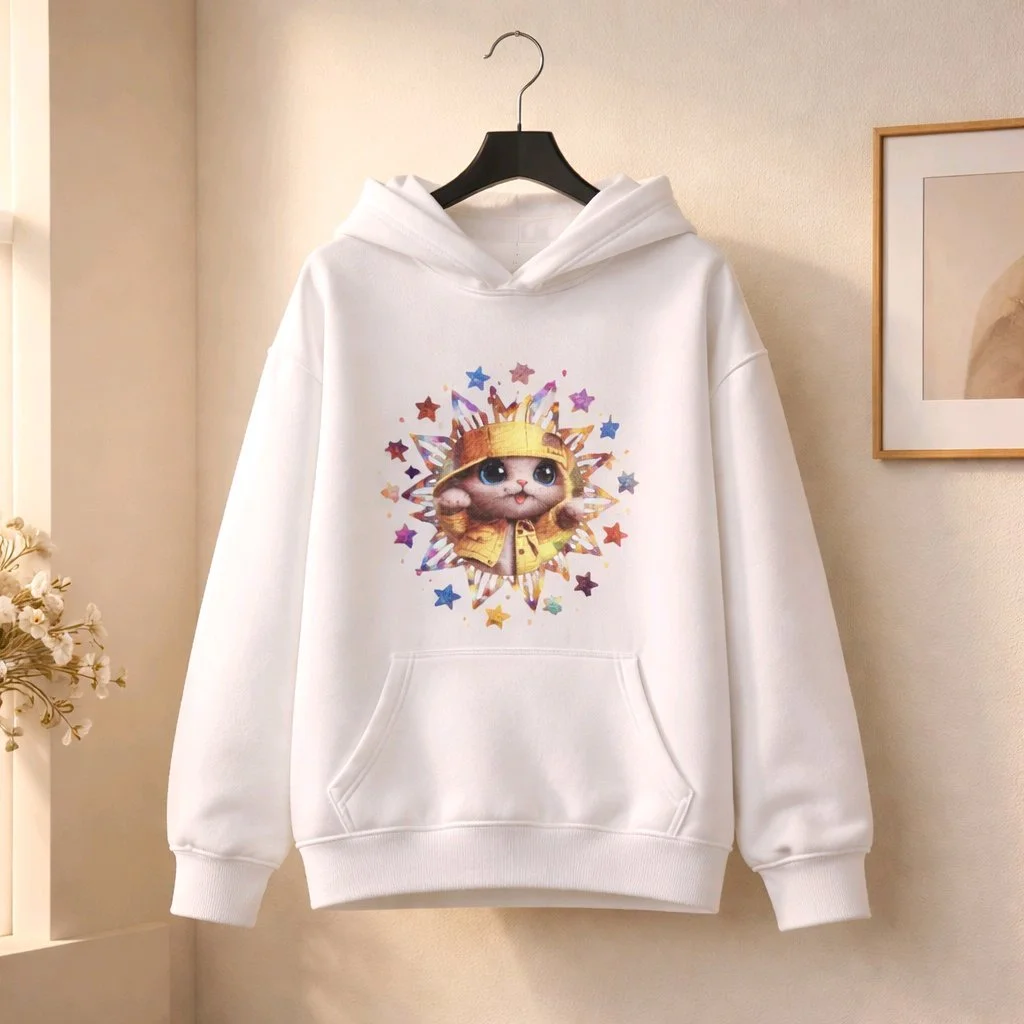 Personalised Kids Hoodies. Sizes Available From 1-10yrs!  Colourful cool cat print. Name can be added for personalisation. Polyester #00241