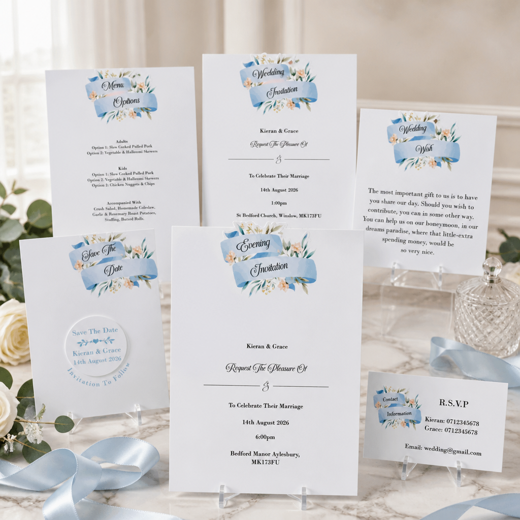 Printed Blue Floral Scroll Stationary Package!
This stationary has an elegant blue floral scroll printed onto white card. Simply stunning stationary that is pleasing to the eye. What's included! Save the date with aluminium disc plus magnet for fridg