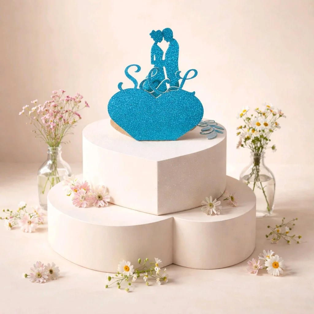 Heart shaped box with bride & groom plus heart with initials! Also Available In Sky Blue!
