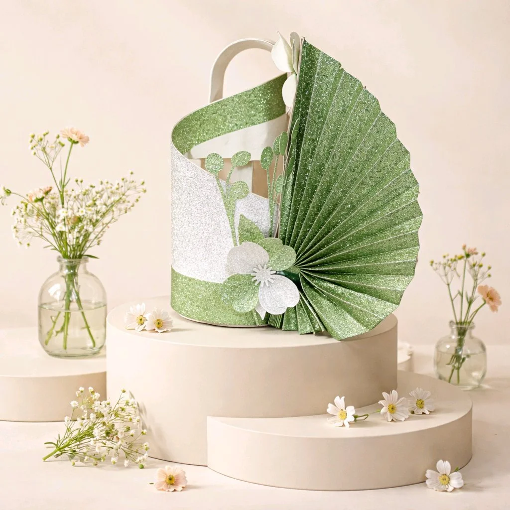 Fan Vase Favour Box/Table Decoration! 
With this piece you have a favour box as well as a stunning table decoration. 

The tube can be filled with sweet treats for the whole table. (Chocolates Not Included) Or flowers for decoration. The boxes includ
