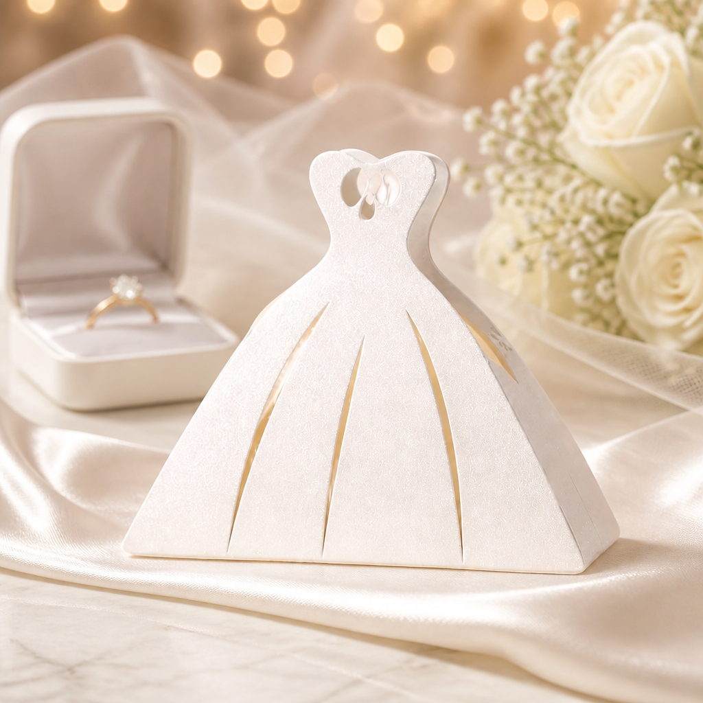 This box has been exquisitely designed & cut into the shape of a stunning wedding dress. It's a charming edition to your wedding celebrations. The box combines functionality with glamour & will make a beautiful gift for your guests. #00162