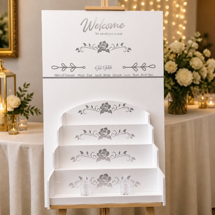 A delicate 3D rose cutout is adhered to the front of every pocket envelope for tactile, romantic detail.
Silver vinyl on the front of each pocket indicates the table number, consistent with the header lettering. 

Each pocket contains a sleeve bearin