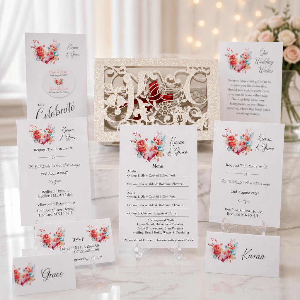 The inserts have also been beautifully crafted and printed to compliment the invitation carrier. Inside is a pouch to hold all of your information. 
What's included! Crafted carrier card, Save the date with aluminium disc plus magnet for fridge attac