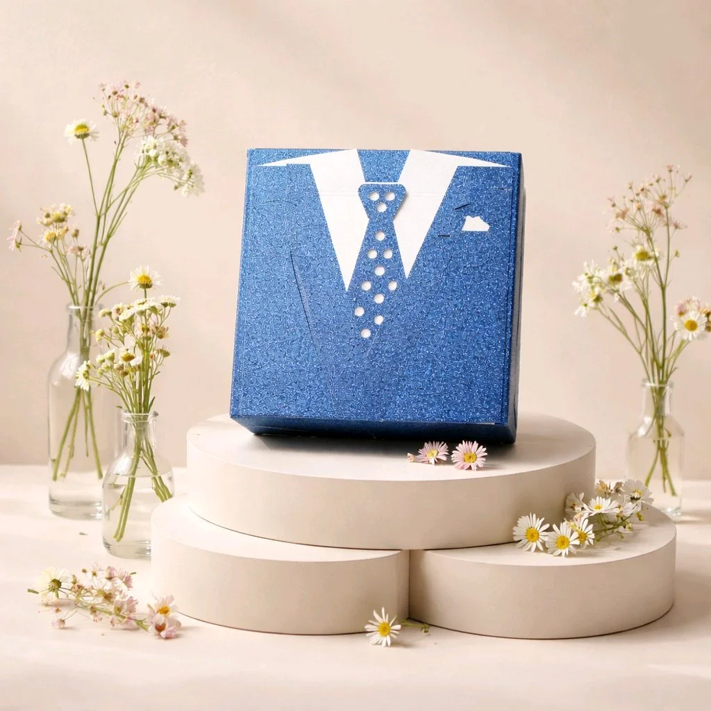 Tuxedo Favour Box!
 This box has an attached lid that lifts up to reveal hidden sweet treats. (Chocolates Not Included) Cut In a gorgeous blue glitter card. #00149