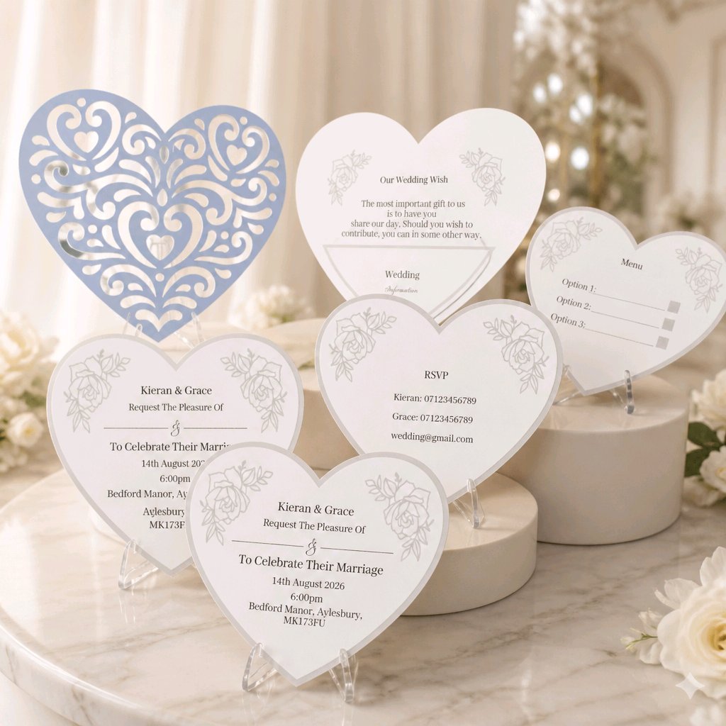 HEART INVITATION PACKAGE! A stunning piece of stationary that is unique, with it’s side opening & intricately cut swirls cut into the heart. The invitation has a small pouch inside that holds the inserts in place. #009