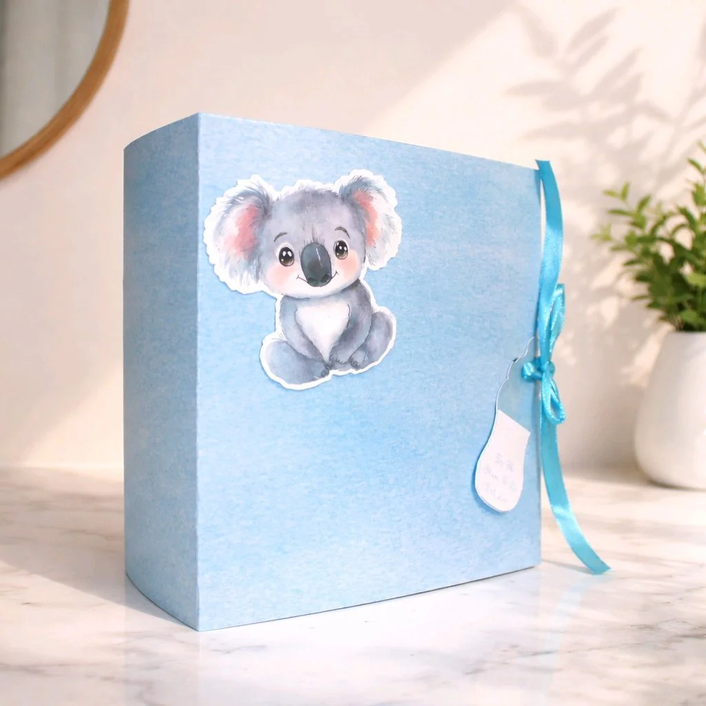 Option 2 Blue.
Embellished with a charming animal illustration. Interior lined with soft cream tissue and a fitted ribbon to hold small gifts, keepsakes or chocolates securely in place.
Option 1 Pink. Perfect for small outfits, bibs, baby socks, gift